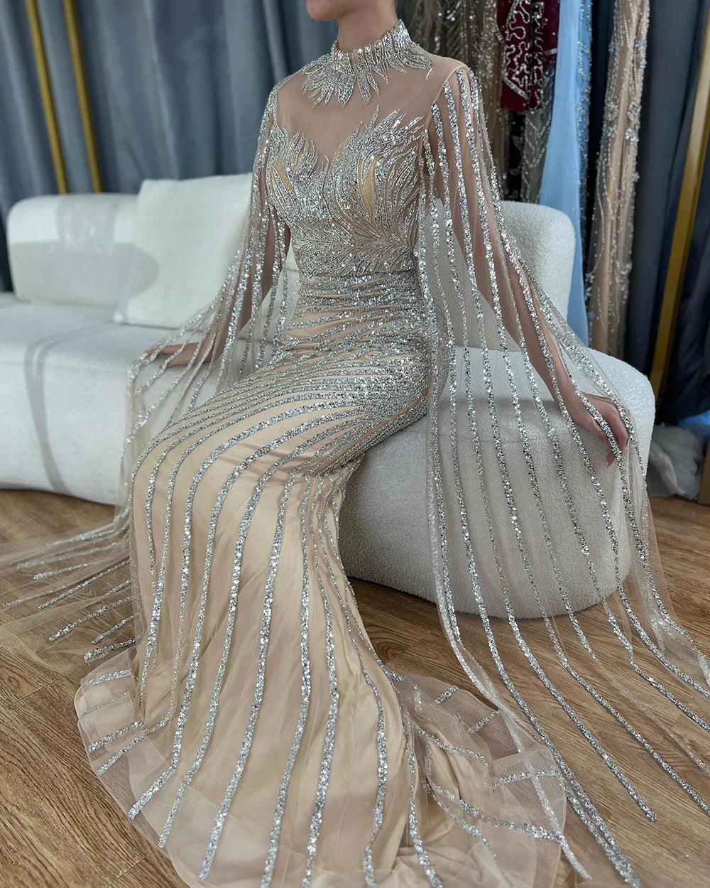 Luxury Dubai  Arabic Nude Mermaid Long Evening Dresses  With CapeLA71885B