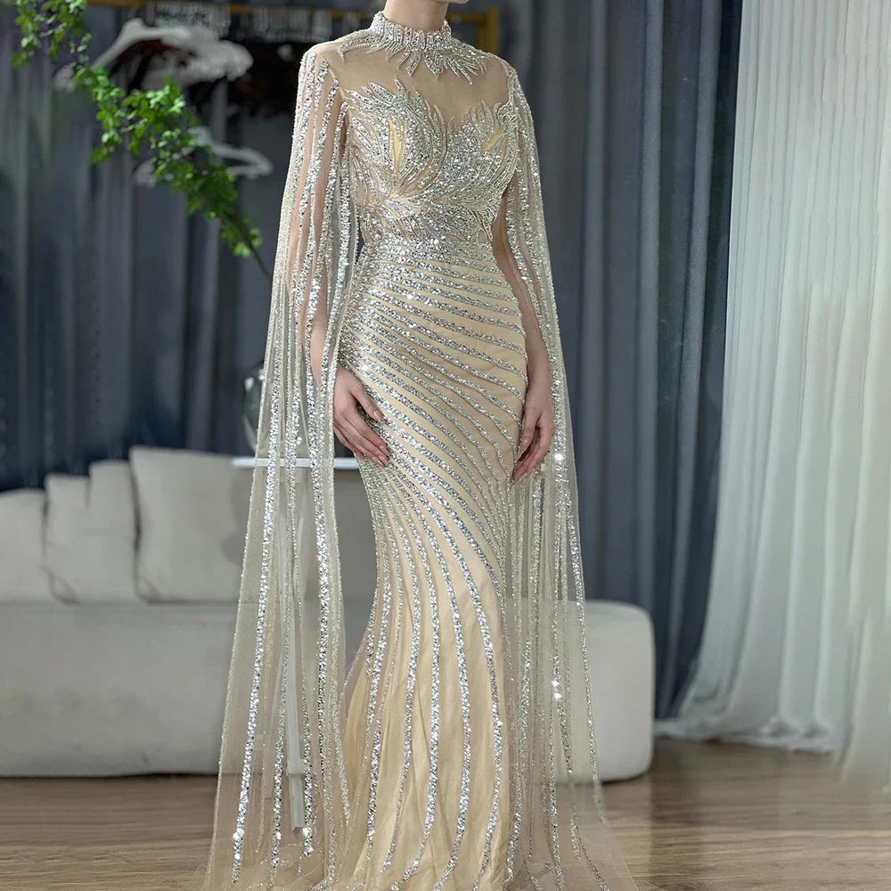 Luxury Dubai  Arabic Nude Mermaid Long Evening Dresses  With CapeLA71885B