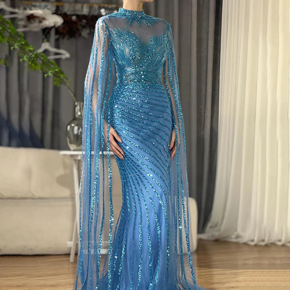 Luxury Dubai  Arabic Nude Mermaid Long Evening Dresses  With CapeLA71885B