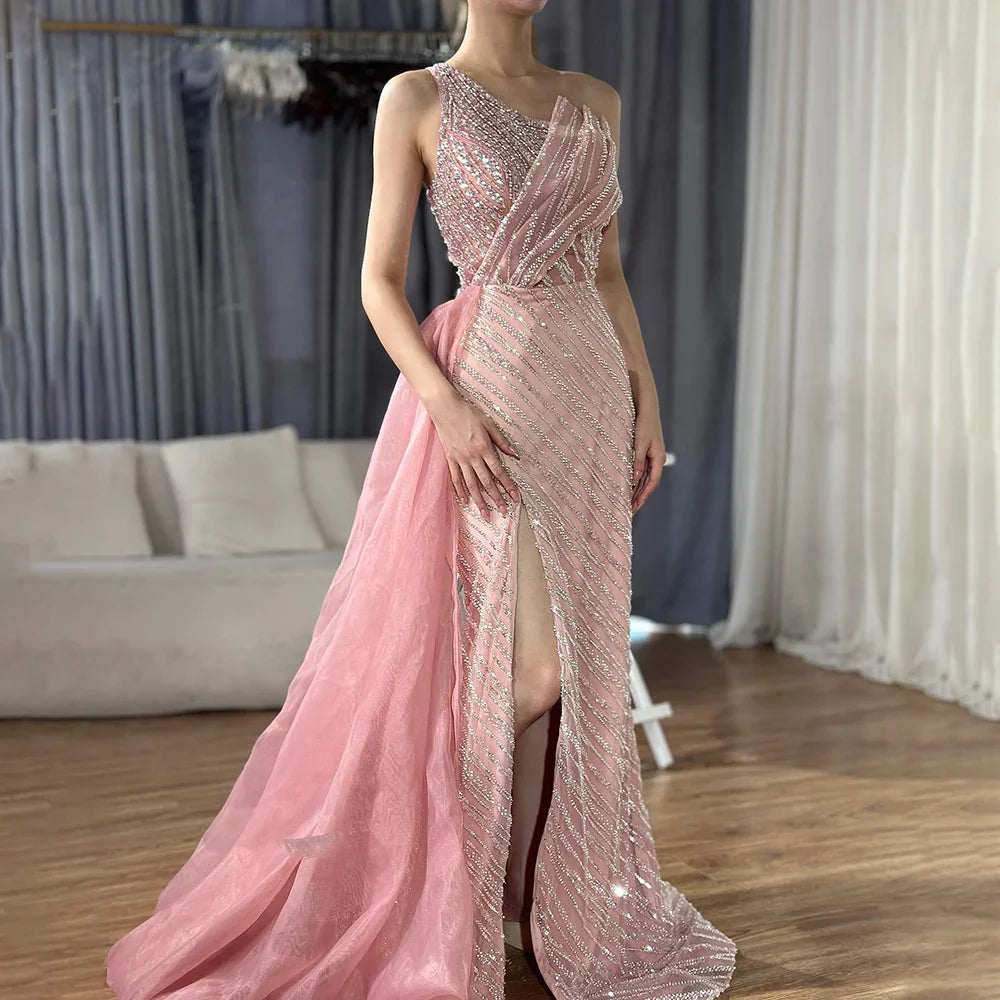 Luxury Dubai  Blue One Shoulder Split Saudi Evening Gown with Beaded Side Overskirt Dress for Formal Occasion LA72732