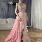 Luxury Dubai  Blue One Shoulder Split Saudi Evening Gown with Beaded Side Overskirt Dress for Formal Occasion LA72732