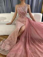 Luxury Dubai  Blue One Shoulder Split Saudi Evening Gown with Beaded Side Overskirt Dress for Formal Occasion LA72732