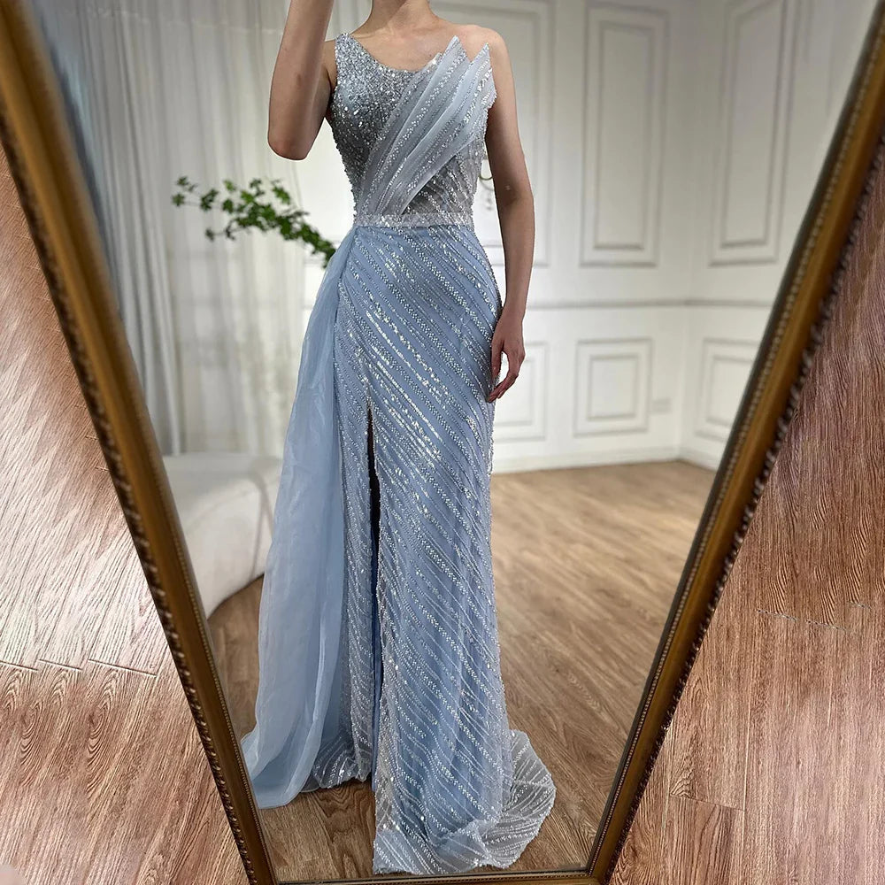 Luxury Dubai  Blue One Shoulder Split Saudi Evening Gown with Beaded Side Overskirt Dress for Formal Occasion LA72732