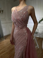 Luxury Dubai  Blue One Shoulder Split Saudi Evening Gown with Beaded Side Overskirt Dress for Formal Occasion LA72732