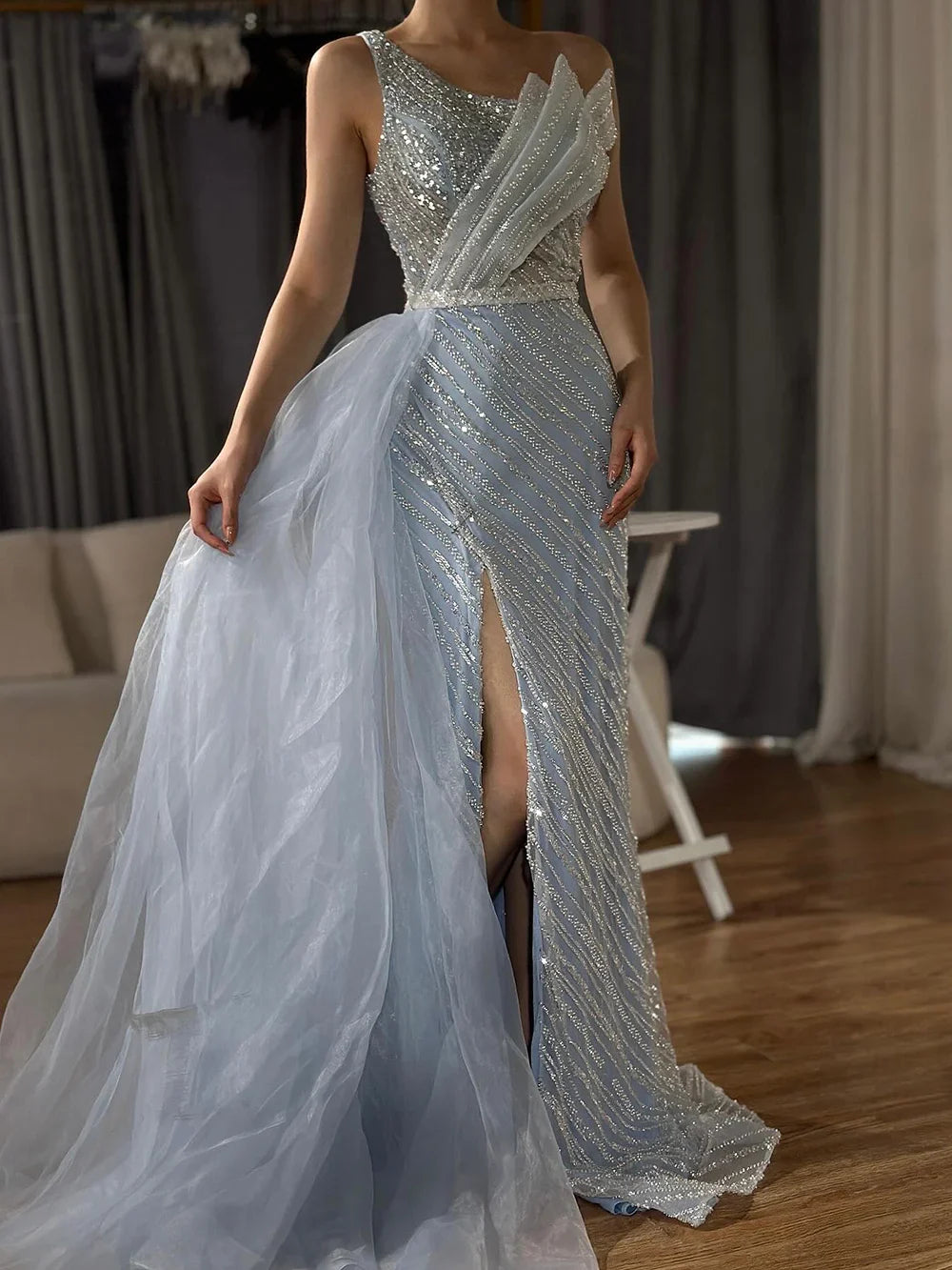 Luxury Dubai  Blue One Shoulder Split Saudi Evening Gown with Beaded Side Overskirt Dress for Formal Occasion LA72732