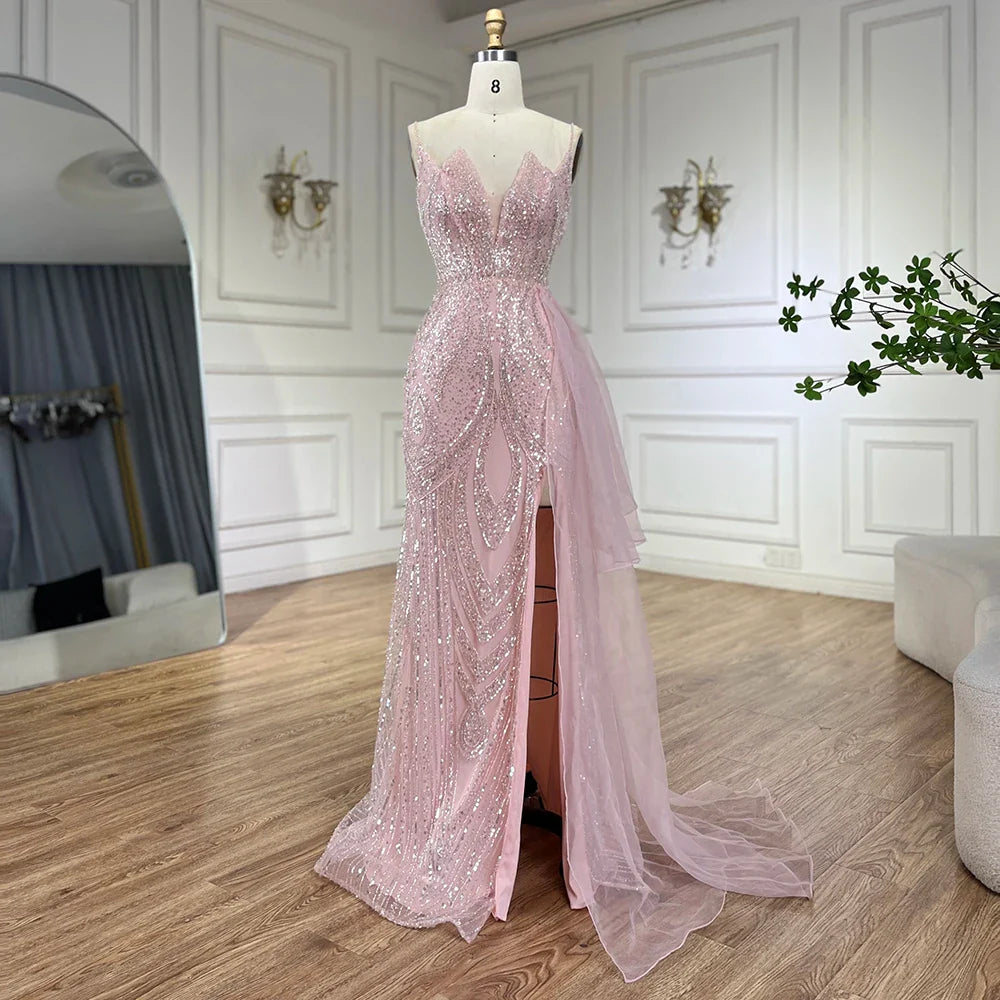 Light Pink Spaghetti Strap Mermaid Evening Dress with Beaded Overskirt LA72378A