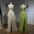 Hellrosa Abendkleid im Meerjungfrauenstil mit Spaghettiträgern und Perlenbesetztem Überrock LA72378A
