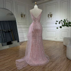 Hellrosa Abendkleid im Meerjungfrauenstil mit Spaghettiträgern und Perlenbesetztem Überrock LA72378A