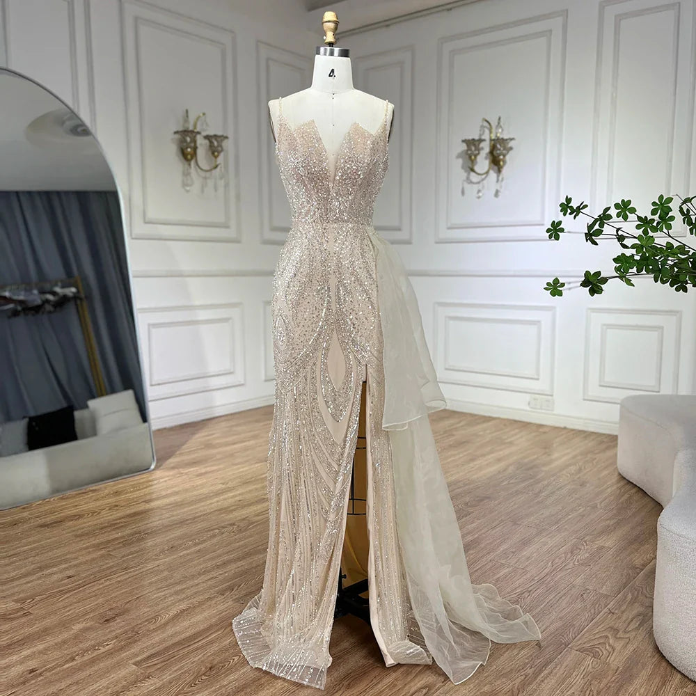 Light Pink Spaghetti Strap Mermaid Evening Dress with Beaded Overskirt LA72378A