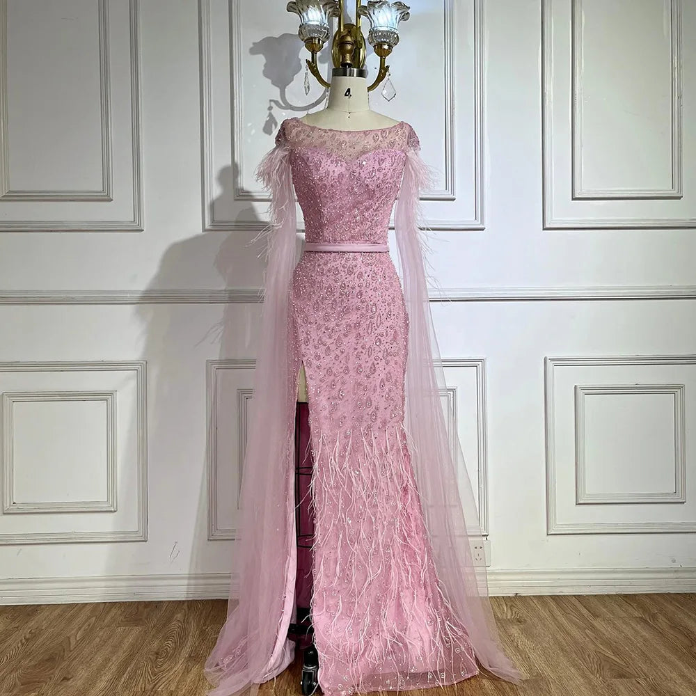 Serene Hill  Pink Cape Sleeves Dubai Evening Gown Mermaid with Side Skirt Feathers Beaded Dress for Women's Party LA72701