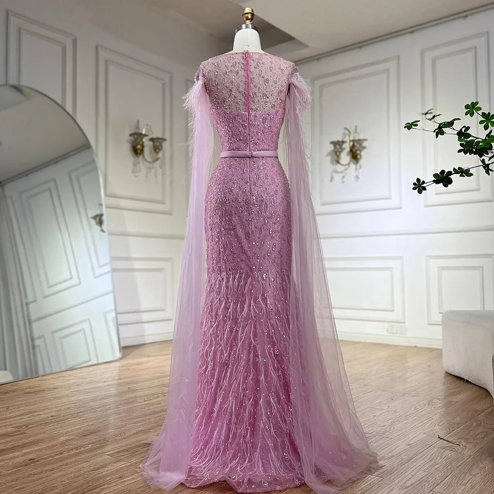 Serene Hill  Pink Cape Sleeves Dubai Evening Gown Mermaid with Side Skirt Feathers Beaded Dress for Women's Party LA72701
