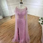 Serene Hill  Pink Cape Sleeves Dubai Evening Gown Mermaid with Side Skirt Feathers Beaded Dress for Women's Party LA72701