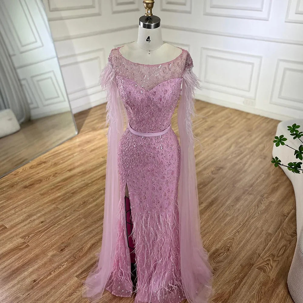 Serene Hill  Pink Cape Sleeves Dubai Evening Gown Mermaid with Side Skirt Feathers Beaded Dress for Women's Party LA72701