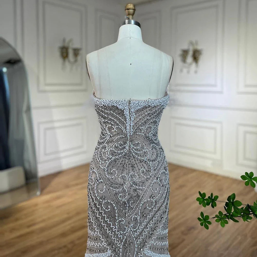 Serene Hill 2025 White Nude Split Mermaid Pearl Beaded Luxury Evening Gowns for Women Wedding Party LA72522