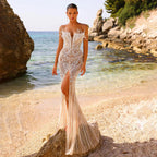 Serene Hill 2025 White Nude Split Mermaid Pearl Beaded Luxury Evening Gowns for Women Wedding Party LA72522