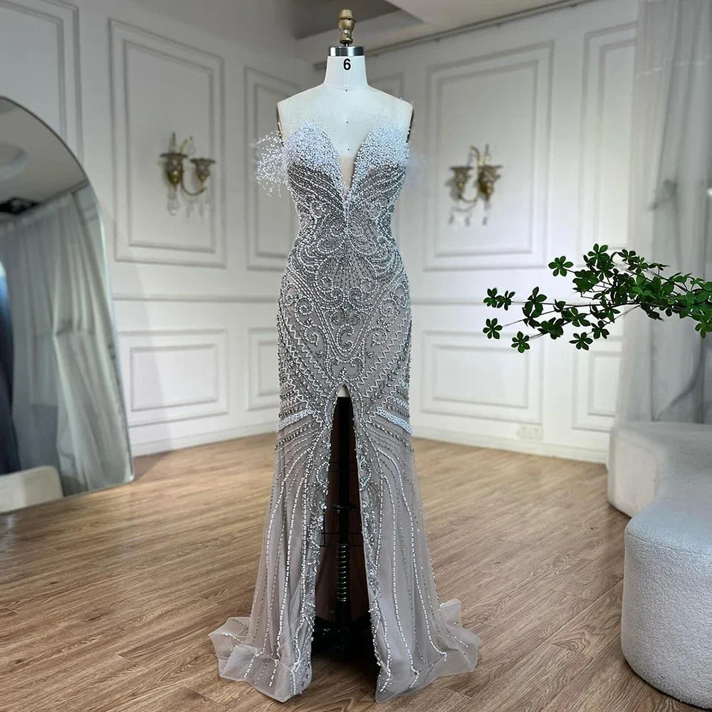 Serene Hill 2025 White Nude Split Mermaid Pearl Beaded Luxury Evening Gowns for Women Wedding Party LA72522