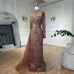 Luxuriöses braunes Perlenmeerjungfrauen-Abendkleid mit seitlichem Überrock LA71913A