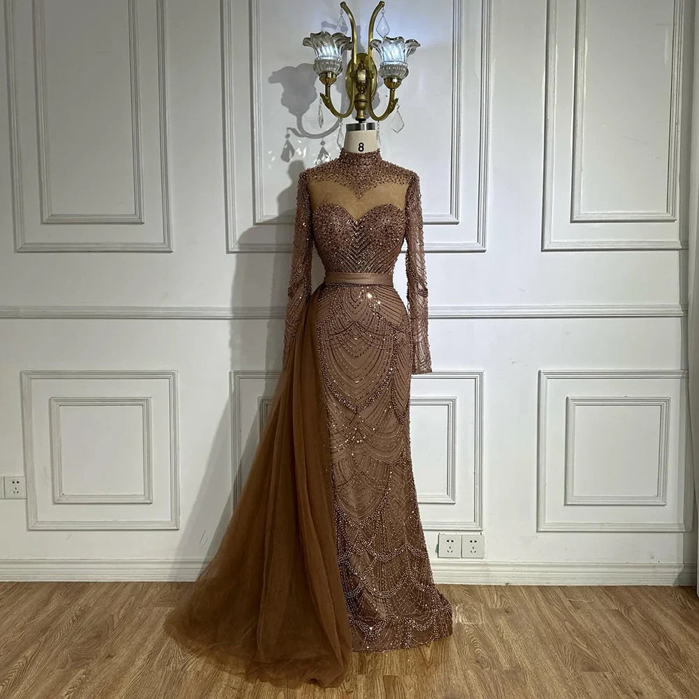 Luxury Brown Beaded Mermaid Evening Dress with Side Overskirt LA71913A