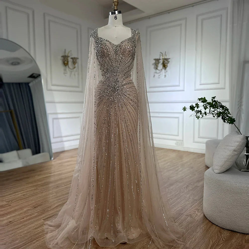 Dubai Luxury Nude Cape Sleeves Beaded Evening Dress LA72575A