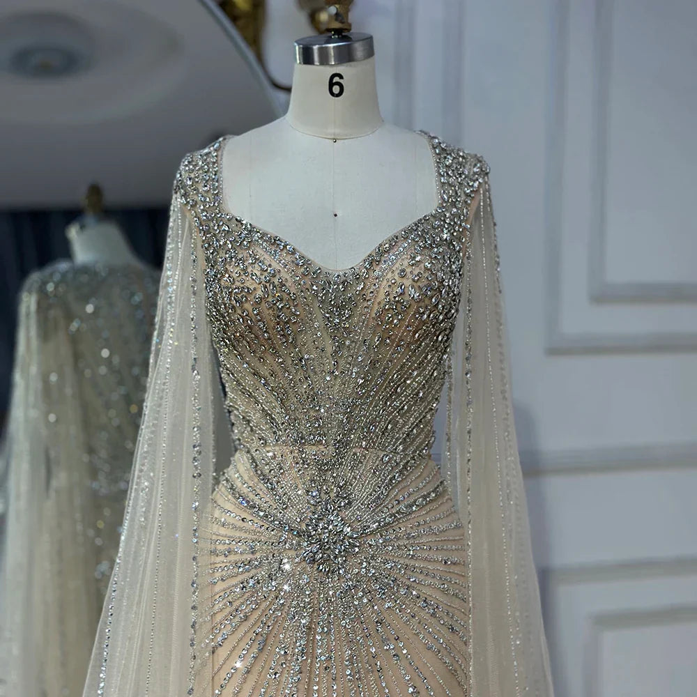 Dubai Luxury Nude Cape Sleeves Beaded Evening Dress LA72575A