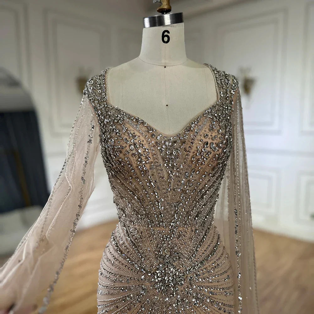 Dubai Luxury Nude Cape Sleeves Beaded Evening Dress LA72575A