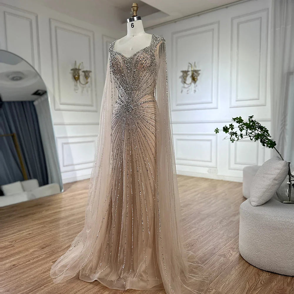 Dubai Luxury Nude Cape Sleeves Beaded Evening Dress LA72575A
