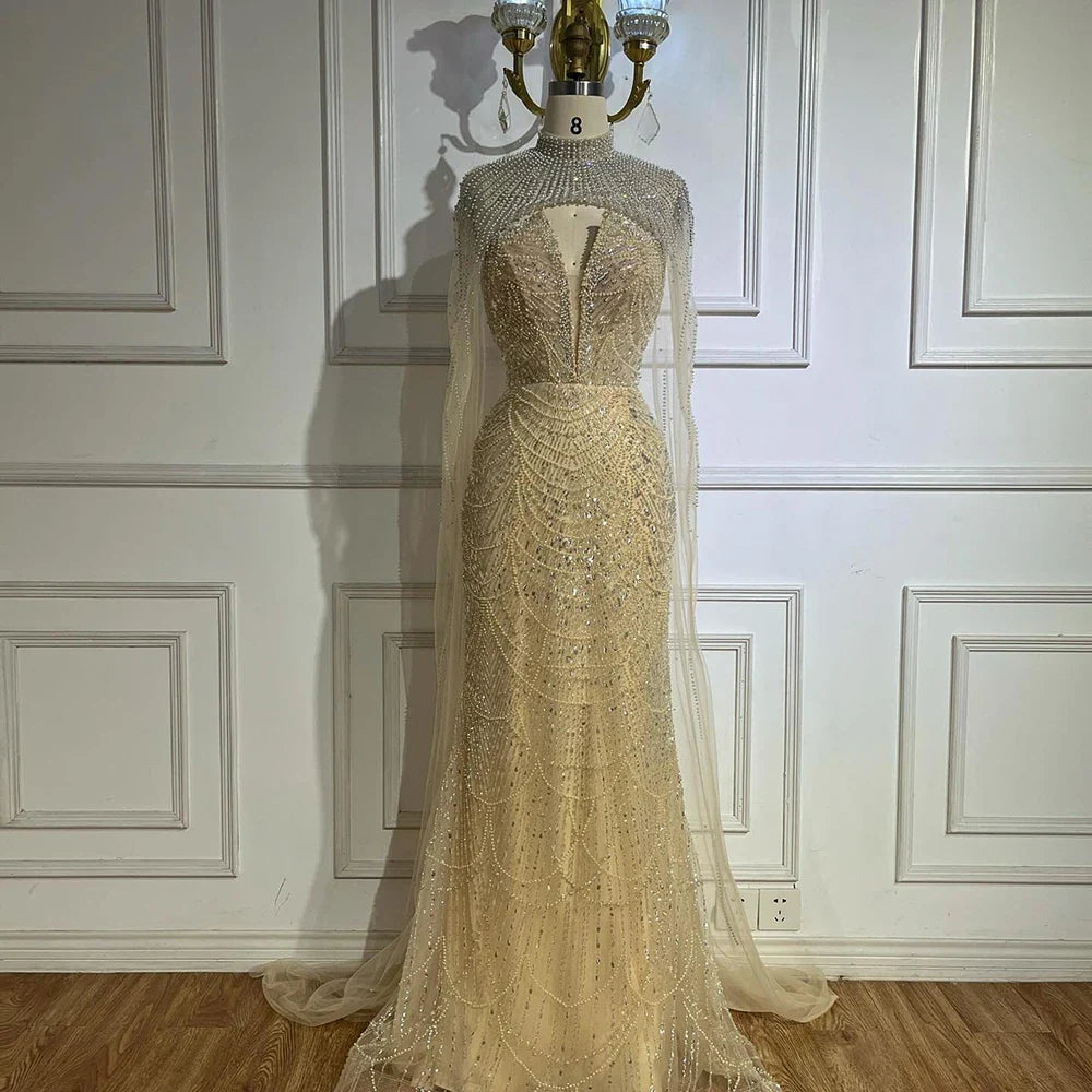 Luxury Evening Dress Nude Pearls Beaded Gown With Tulle Train LA72189A