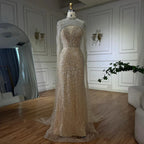 Luxury Evening Dress Nude Pearls Beaded Gown With Tulle Train LA72189A