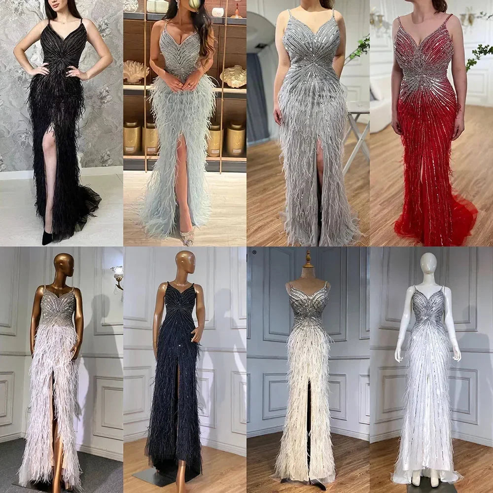 Vestido de Gala Sereia de Luxo e Classe com Penas Azuis, Missangas e Fenda LA70623