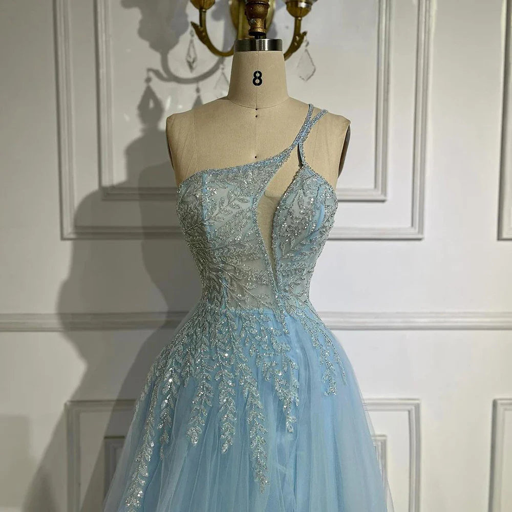 Serene Hill  Blue Spaghetti Strap A Line One Shoulder Prom Dress 2025 LA72589