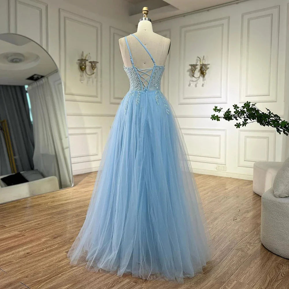 Serene Hill  Blue Spaghetti Strap A Line One Shoulder Prom Dress 2025 LA72589