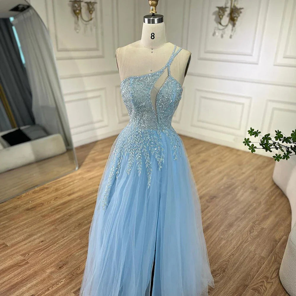Serene Hill  Blue Spaghetti Strap A Line One Shoulder Prom Dress 2025 LA72589