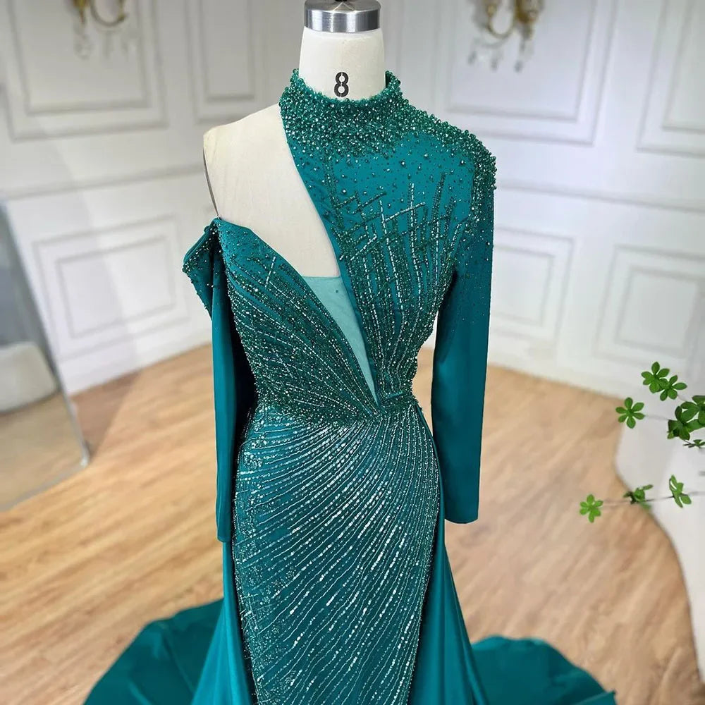 Vestidos de noche de lujo de Dubái para mujer, elegantes y con cuentas, estilo sirena, un solo hombro, verde árabe Serene Hill, para boda y fiesta LA72550