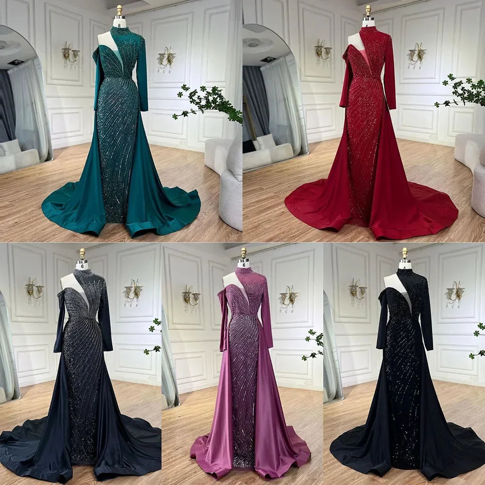 Vestidos de noche de lujo de Dubái para mujer, elegantes y con cuentas, estilo sirena, un solo hombro, verde árabe Serene Hill, para boda y fiesta LA72550