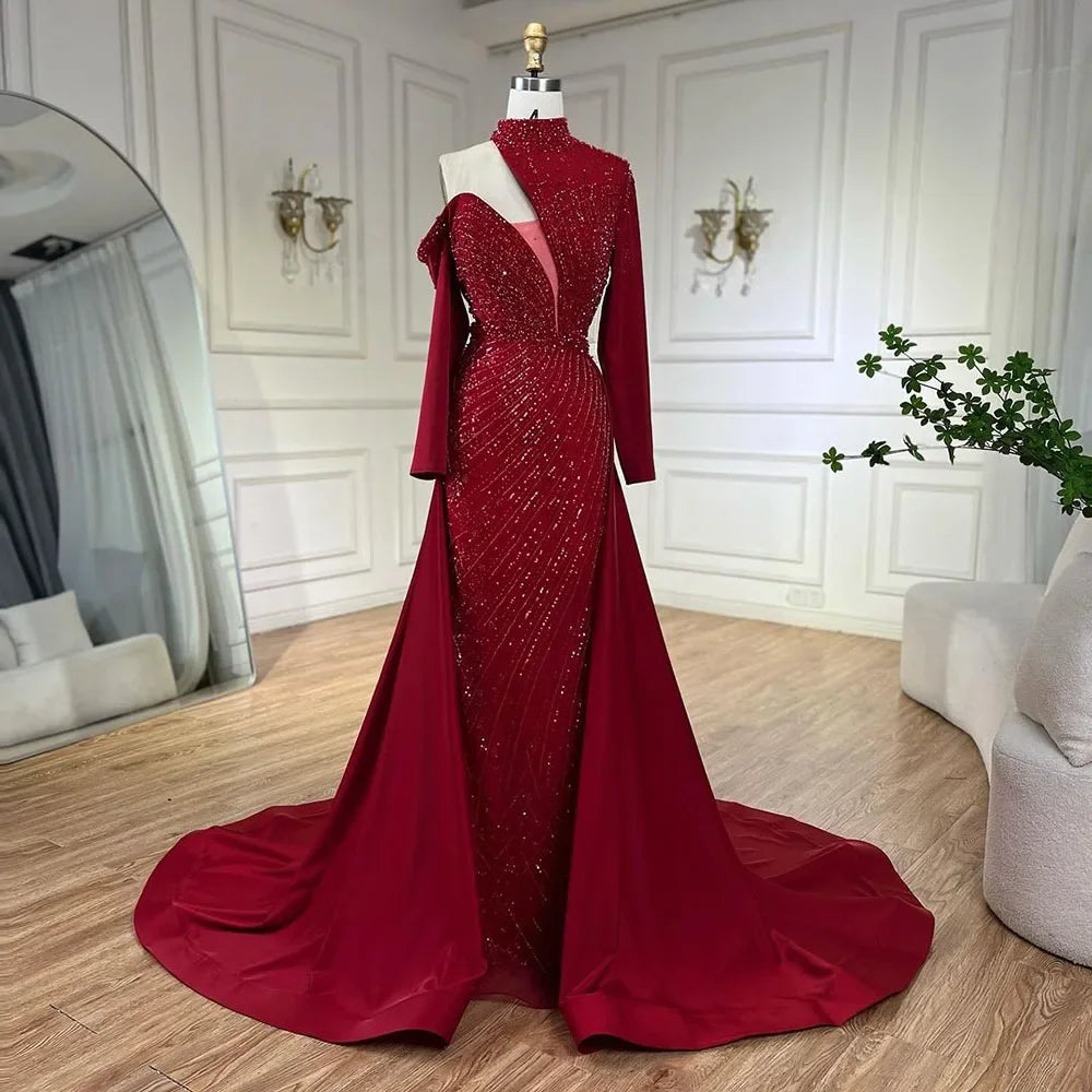 Vestidos de noche de lujo de Dubái para mujer, elegantes y con cuentas, estilo sirena, un solo hombro, verde árabe Serene Hill, para boda y fiesta LA72550