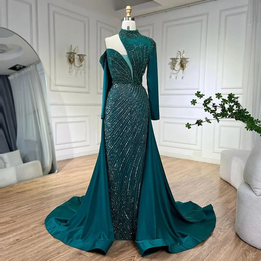 Vestidos de noche de lujo de Dubái para mujer, elegantes y con cuentas, estilo sirena, un solo hombro, verde árabe Serene Hill, para boda y fiesta LA72550