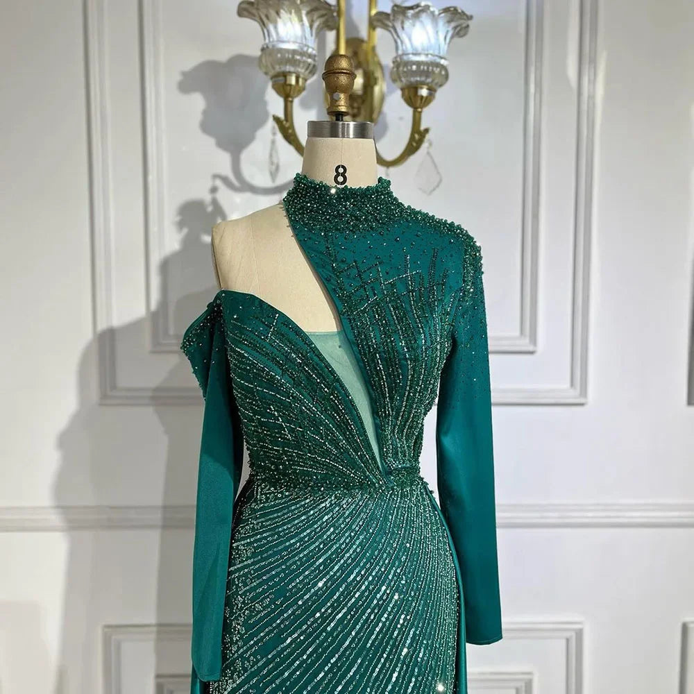 Vestidos de noche de lujo de Dubái para mujer, elegantes y con cuentas, estilo sirena, un solo hombro, verde árabe Serene Hill, para boda y fiesta LA72550
