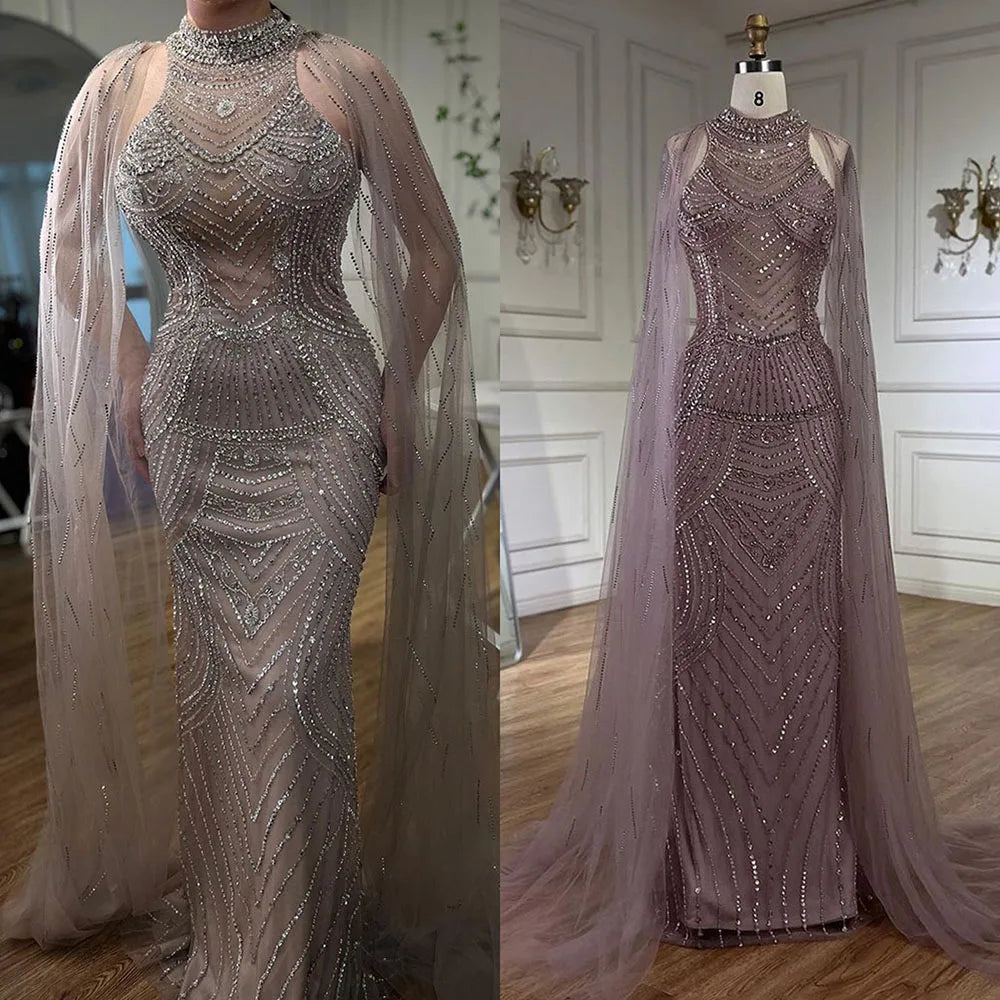 Luxury Dubai Caramel Beaded Mermaid Evening Dress with Cape Sleeves LA72138