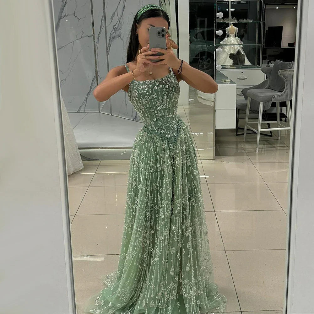 Luxury Sage Green Beaded A-Line Spaghetti Strap Evening Dress LA72805