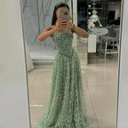 Luxury Sage Green Beaded A-Line Spaghetti Strap Evening Dress LA72805