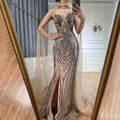Luxury Dubai  Black Nude Beaded Spaghetti Strap Evening Dress Gown with Long Cape for Formal Occasion  LA72795