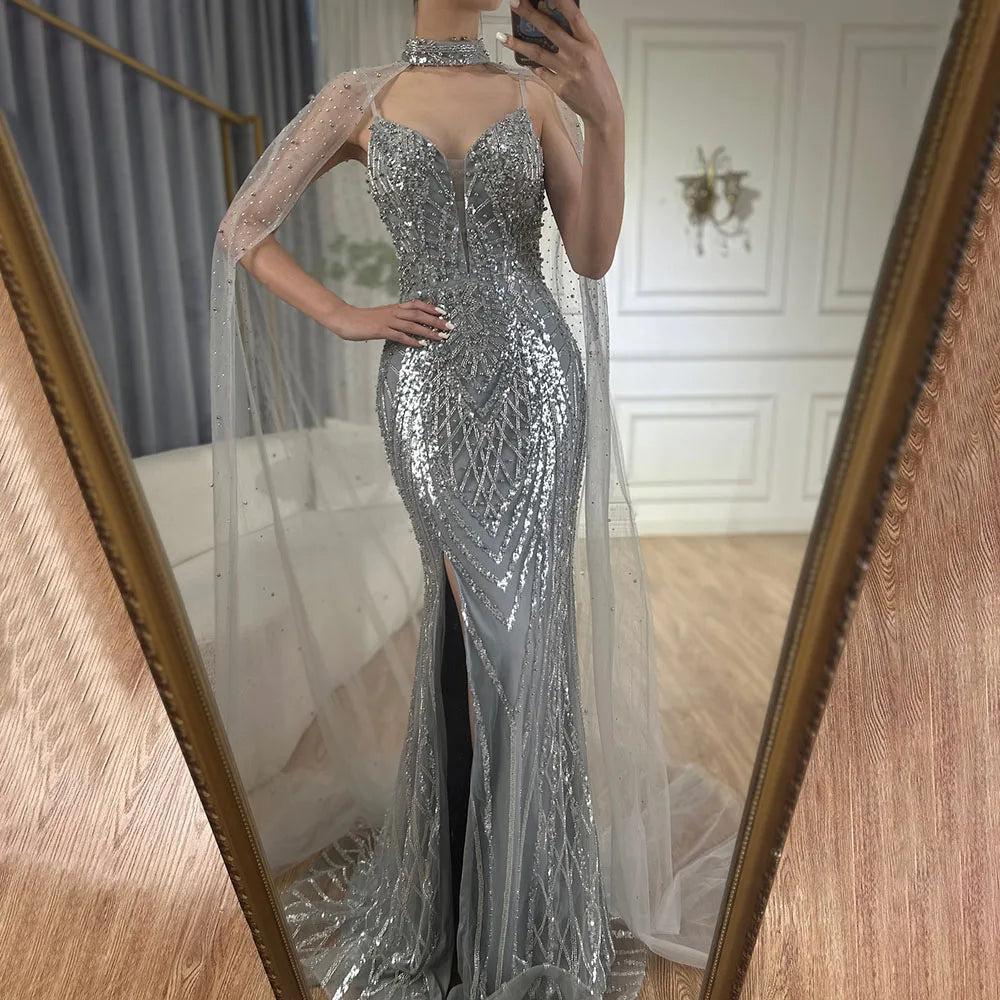 Luxury Dubai  Black Nude Beaded Spaghetti Strap Evening Dress Gown with Long Cape for Formal Occasion  LA72795