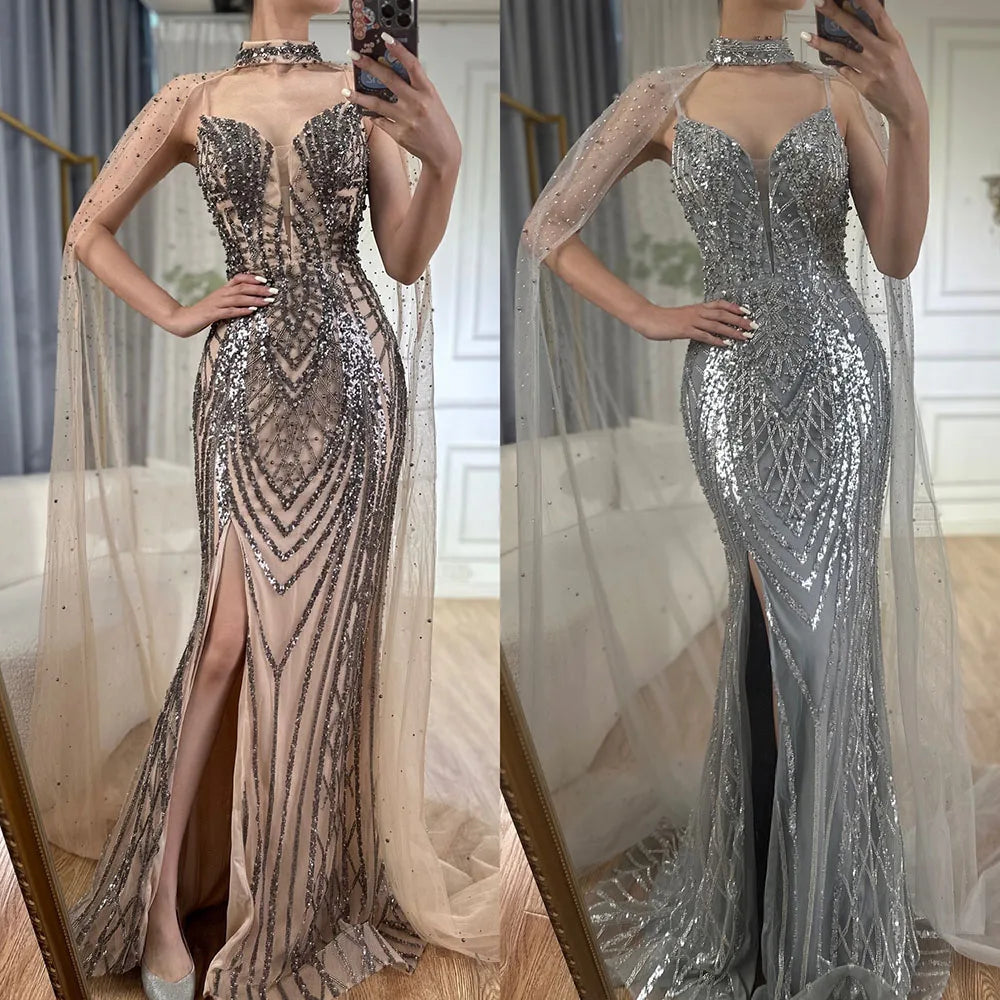 Luxury Dubai  Black Nude Beaded Spaghetti Strap Evening Dress Gown with Long Cape for Formal Occasion  LA72795