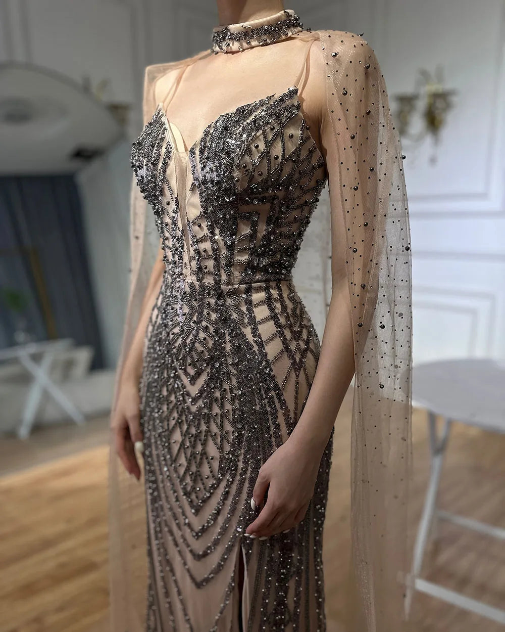 Luxury Dubai  Black Nude Beaded Spaghetti Strap Evening Dress Gown with Long Cape for Formal Occasion  LA72795