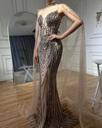 Luxury Dubai  Black Nude Beaded Spaghetti Strap Evening Dress Gown with Long Cape for Formal Occasion  LA72795