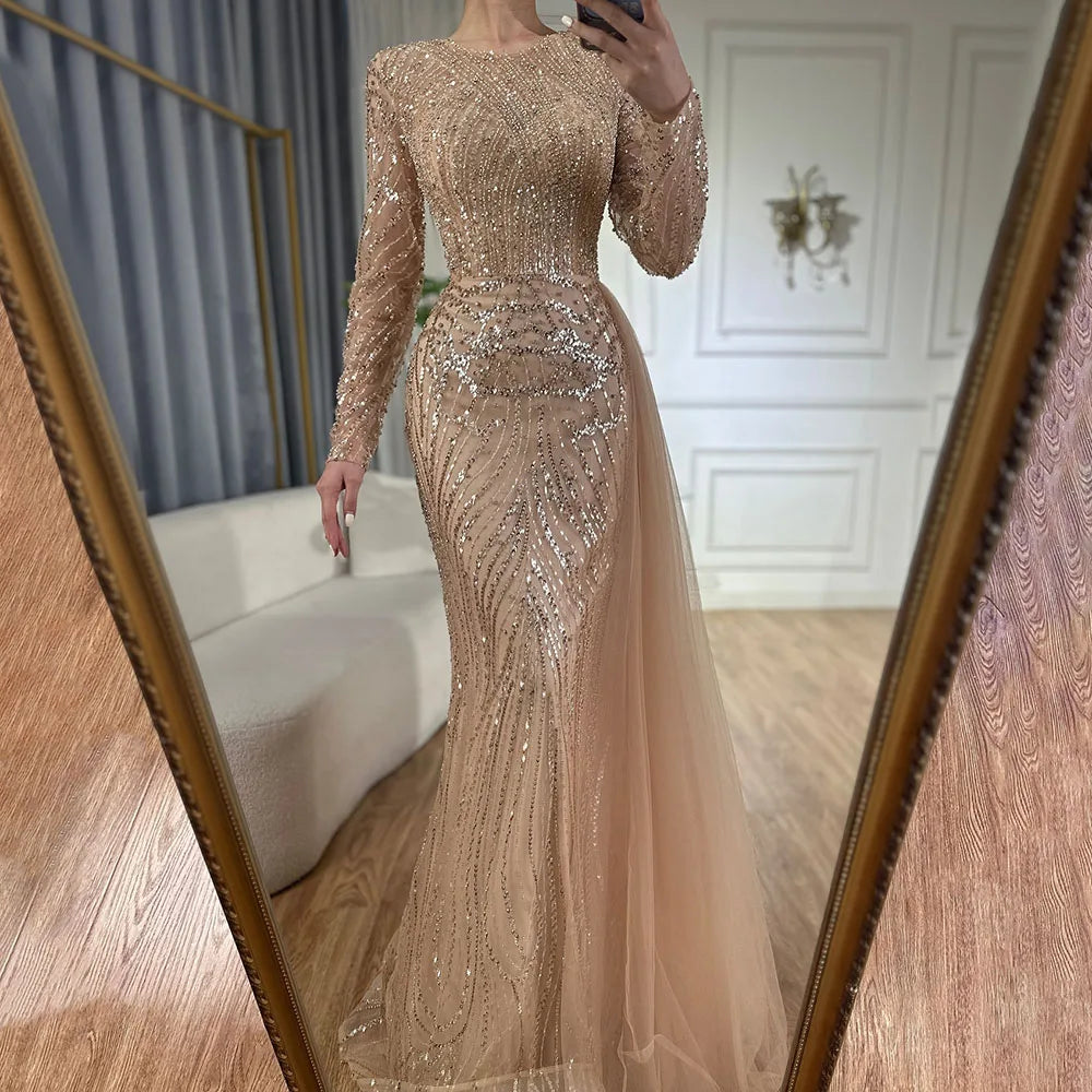 Luxury Dubai  Caramel Beaded Mermaid Long Arabic Evening Dresses Gowns With Overskirt for Formal Occasion  LA71673A