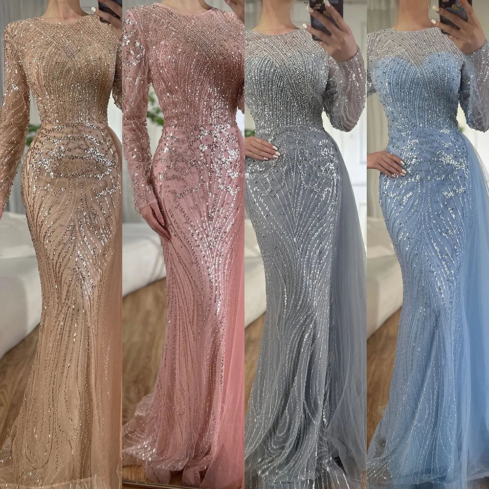 Luxury Dubai  Caramel Beaded Mermaid Long Arabic Evening Dresses Gowns With Overskirt for Formal Occasion  LA71673A
