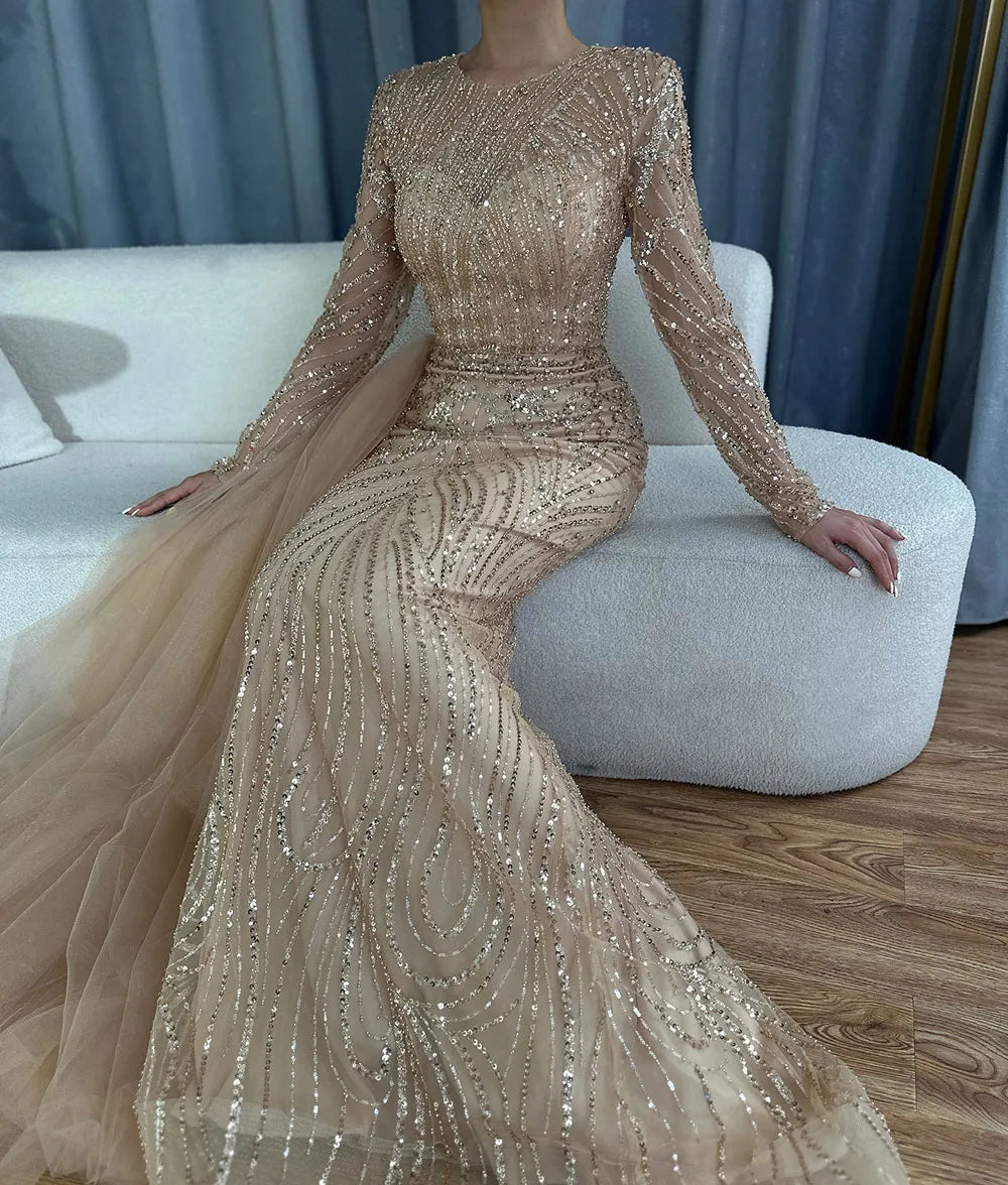 Luxury Dubai  Caramel Beaded Mermaid Long Arabic Evening Dresses Gowns With Overskirt for Formal Occasion  LA71673A