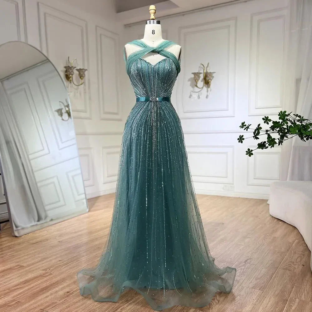 Vestidos de Noite e Fatos de Gala de Luxo com Contas para Mulheres, Modelo Sereia com Alças Finas em Turquesa Dubai da Serene Hill, para Casamentos e Festas 2025, LA72322