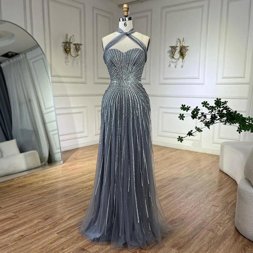 Vestidos de Noite e Fatos de Gala de Luxo com Contas para Mulheres, Modelo Sereia com Alças Finas em Turquesa Dubai da Serene Hill, para Casamentos e Festas 2025, LA72322